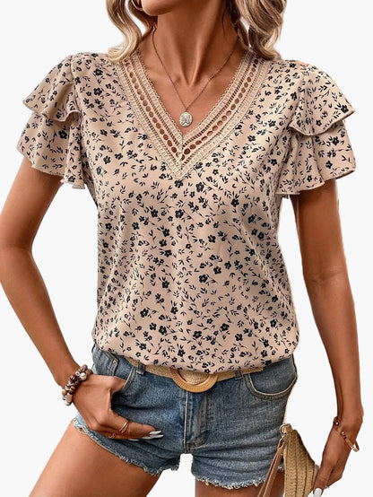 Damen Elegant Bluse mit V-Ausschnitt und Rüschenärmeln für Frühling und Sommer