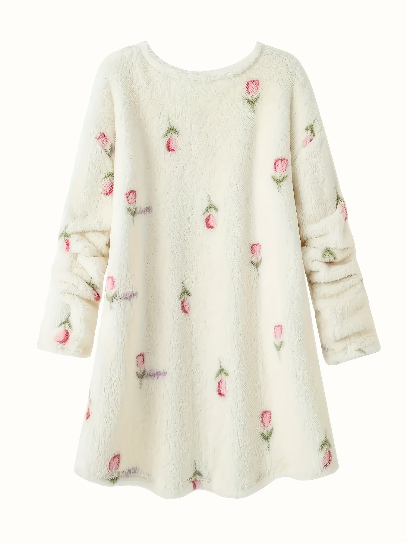 Camicia da notte da donna in peluche, a maniche lunghe, con scollo rotondo, tasche e ricami floreali