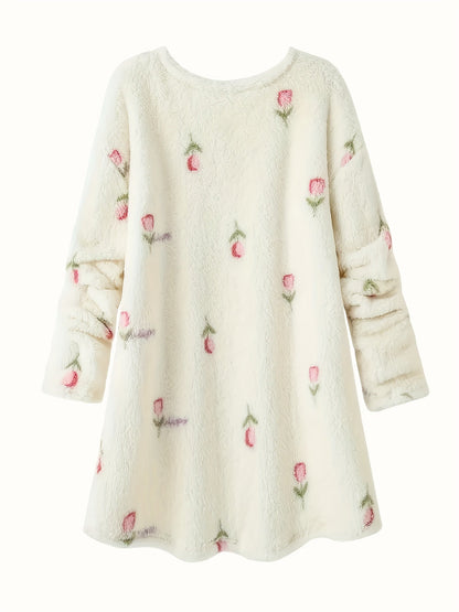 Camicia da notte da donna in peluche, a maniche lunghe, con scollo rotondo, tasche e ricami floreali