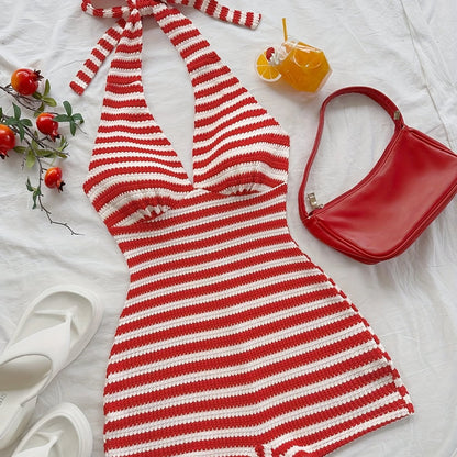 Damen Retro-Overall im Streifen-Look mit Neckholder – Sommerlicher Einteiler für Freizeit & Urlaub