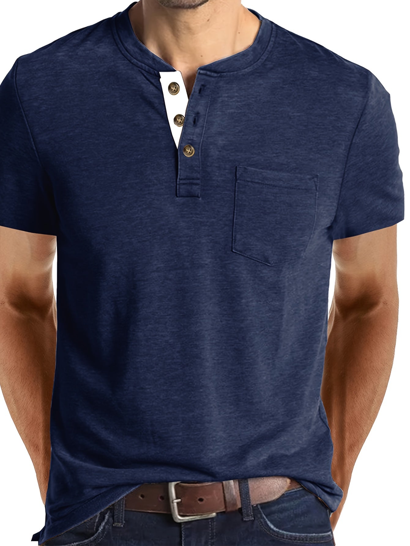 Camiseta Henley para hombre con botonadura y bolsillo en el pecho – Camiseta casual de manga corta para uso diario y tiempo libre