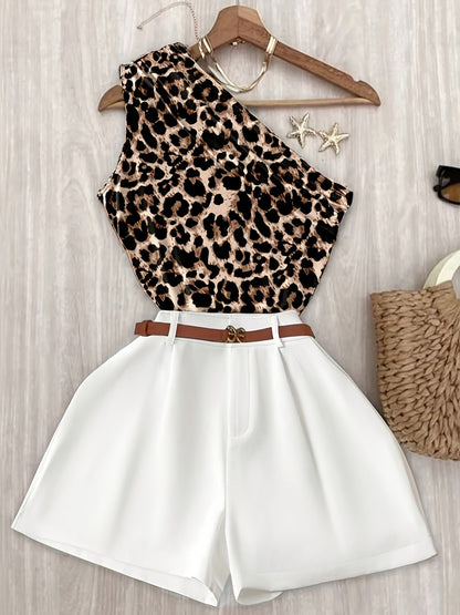 Damen Ein-Schulter Elegant Sommer Set mit Oberteil und Shorts – Modischer Freizeit-Look