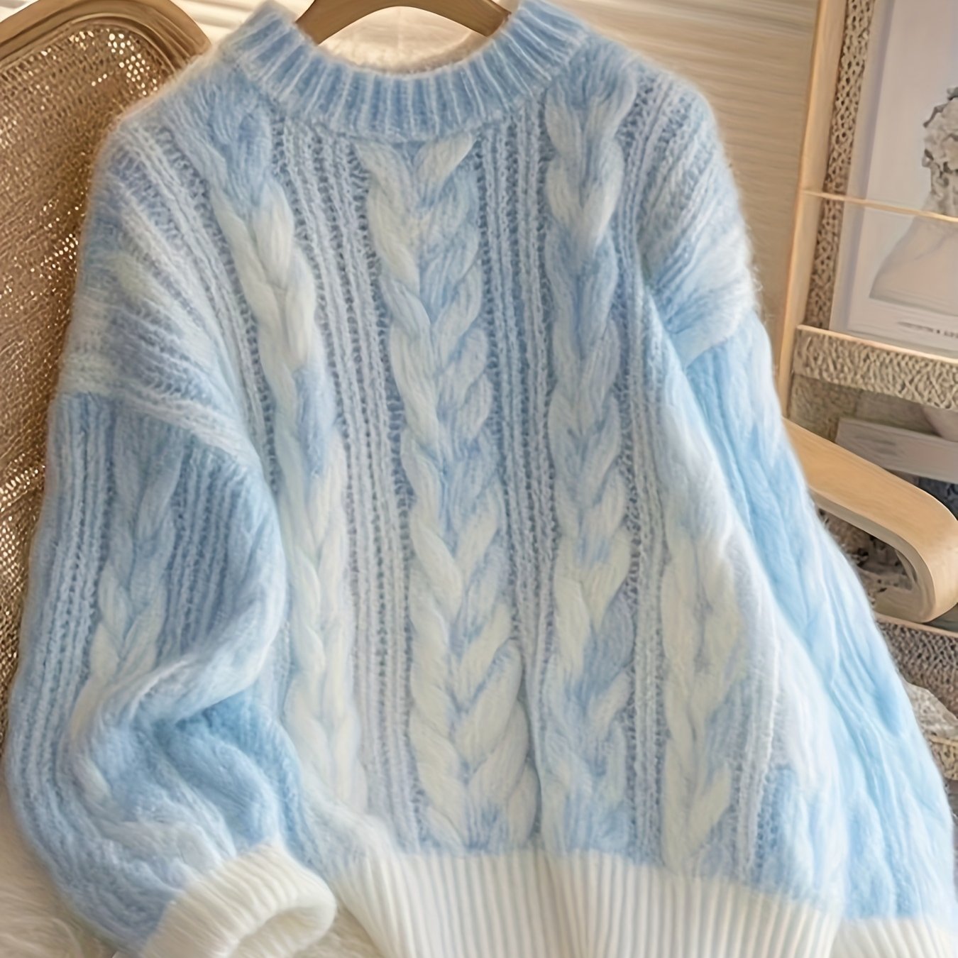 Damen Strickpullover Zopfmuster Blau Weiß Gemütlich Rundhals Langarm