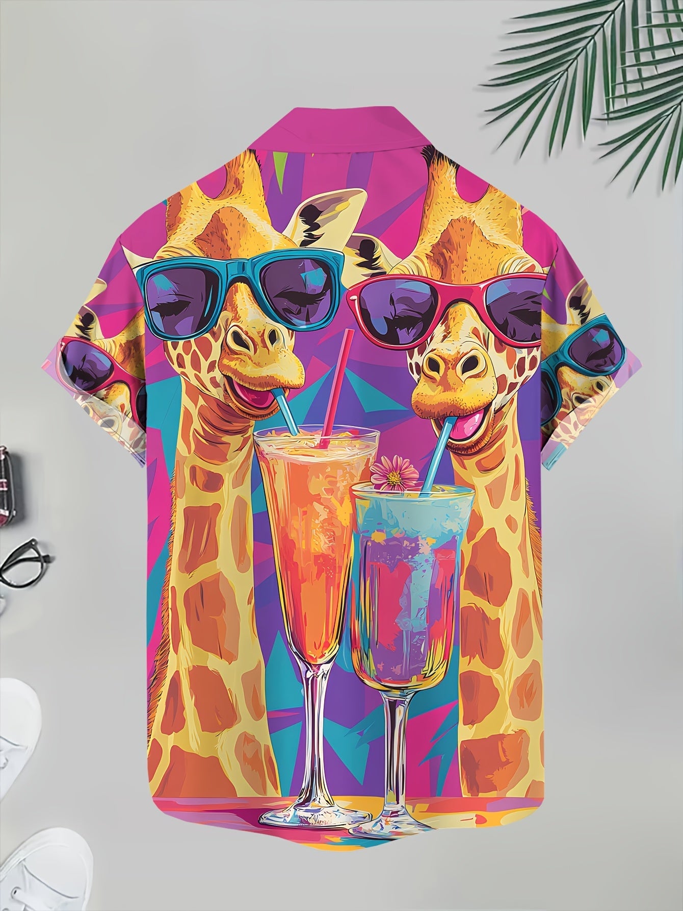 Herre sommer fritidsskjorte med girafprint og cocktailmotiv – kortærmet festskjorte