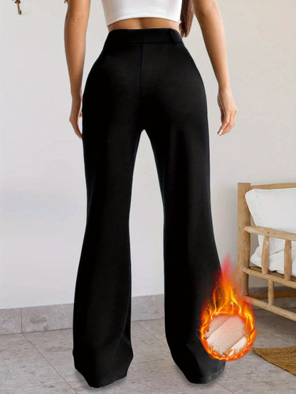 Pantaloni termici da donna a zampa, neri, con fodera calda, gamba svasata e vita alta