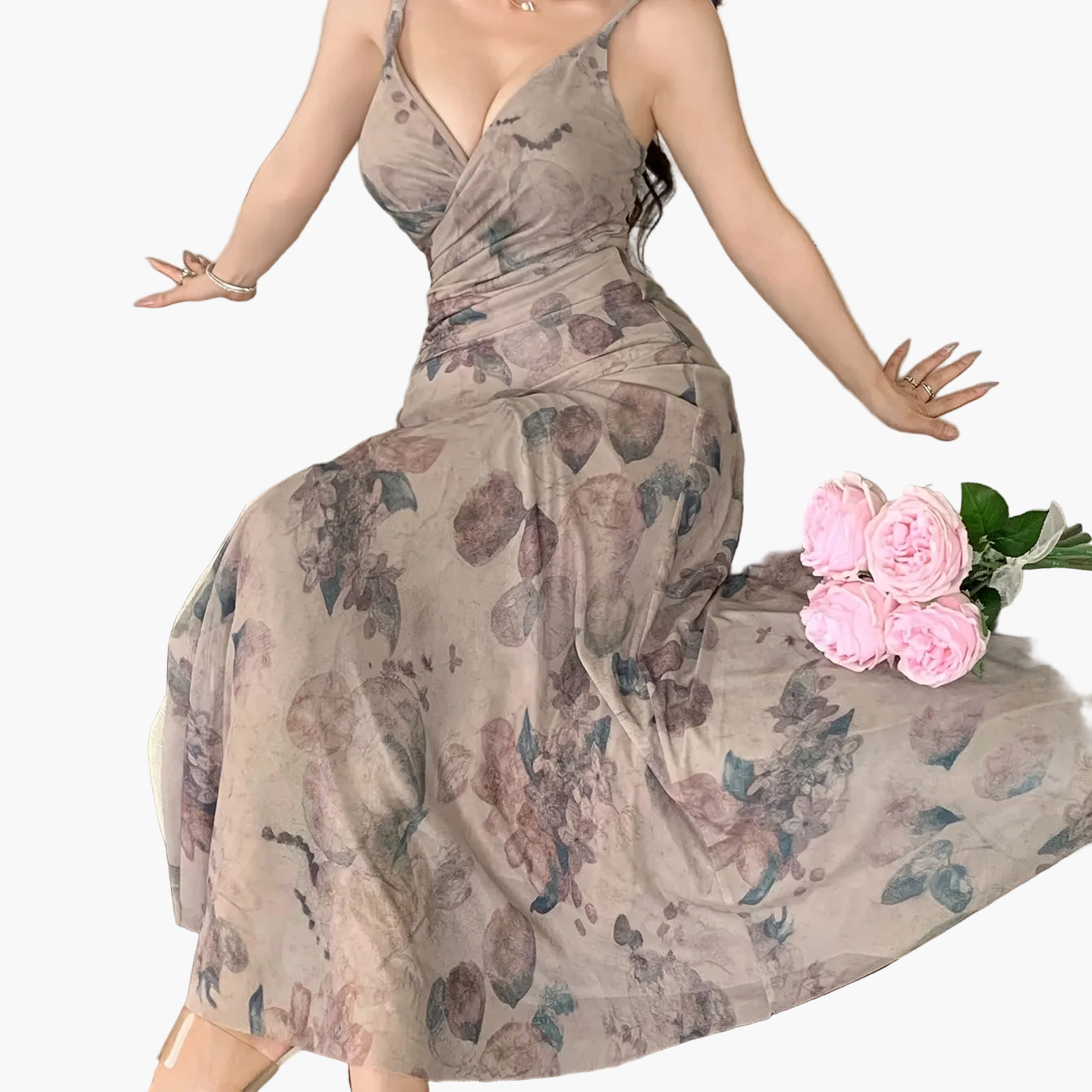 Dame Elegant maxikjole med blomsterprint og V-utringning – Perfekt for vår og sommer