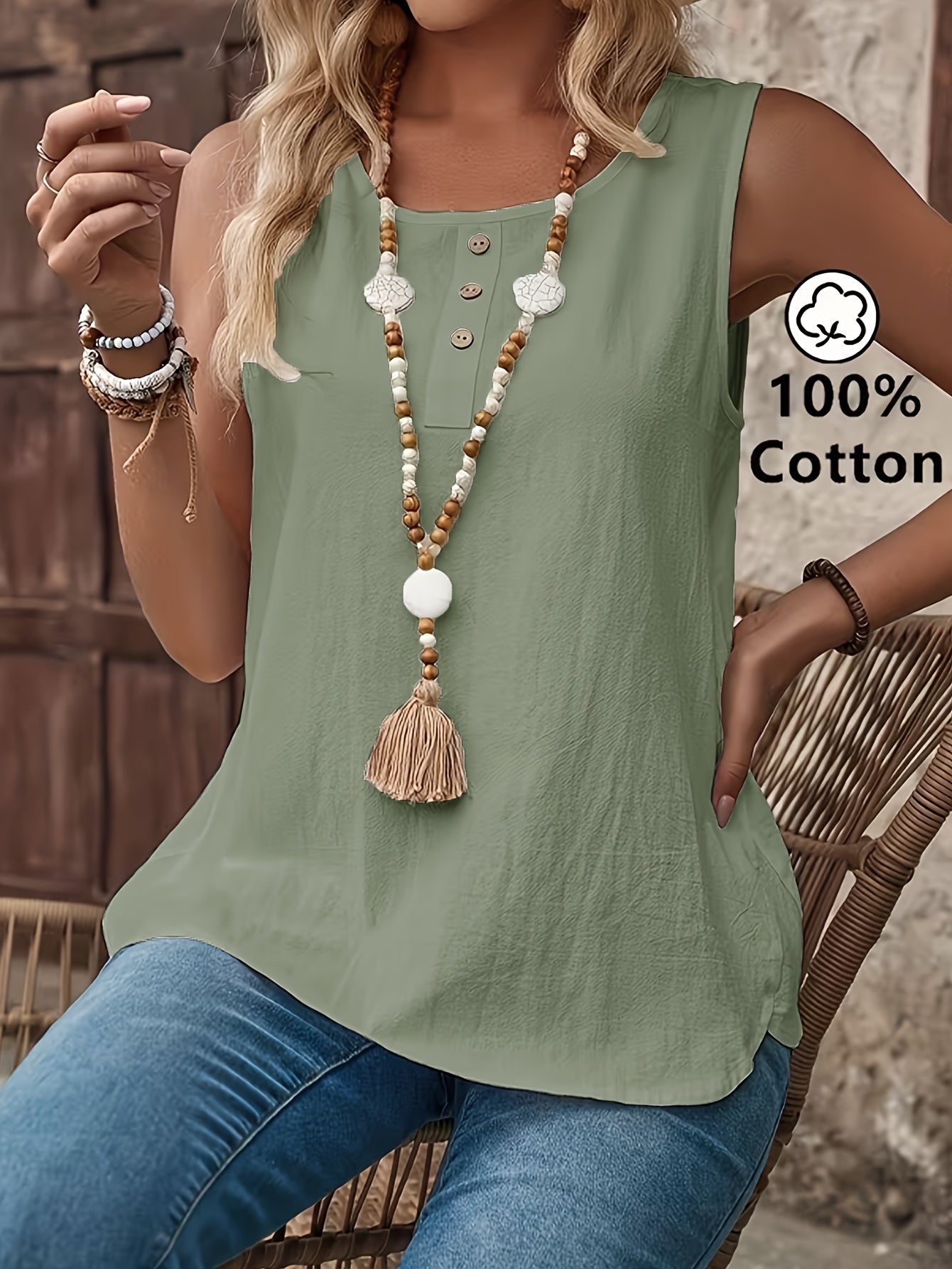 Top Henley sans manches décontracté pour femme avec patte de boutonnage, idéal pour le quotidien et l'été