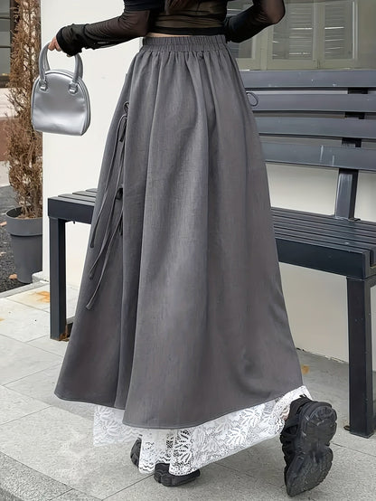 Damen Maxirock Grau mit Spitzenbesatz und Bindedetails
