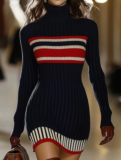 Damen Rollkragen Strickkleid Rippenmuster Marineblau Rot Weiß Gestreift