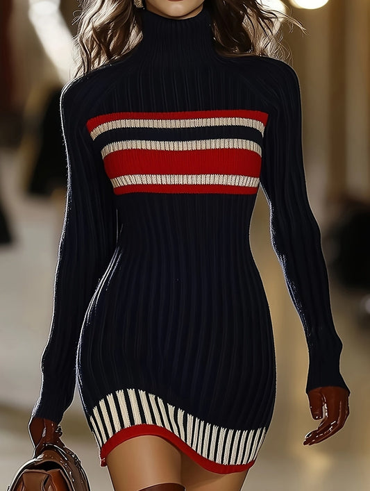 Abito in maglia da donna a collo alto, a coste, blu navy, rosso e bianco a righe