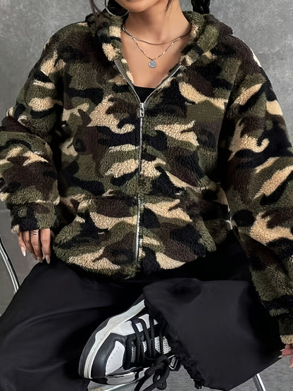 Teddy-Fleece Jacke mit Kapuze und Reißverschluss, Tarnmuster für Damen