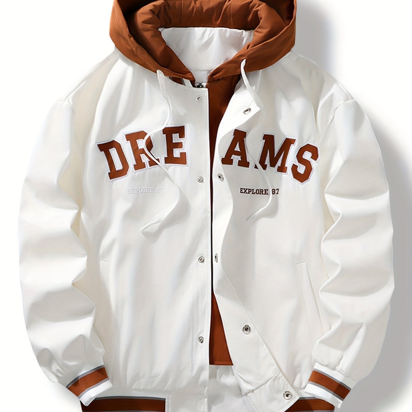 Giacca college da baseball con cappuccio, chiusura con bottoni e ricamo «DREAMS»