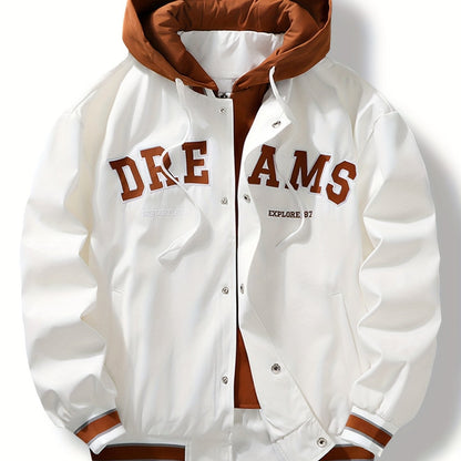 Giacca college da baseball con cappuccio, chiusura con bottoni e ricamo «DREAMS»