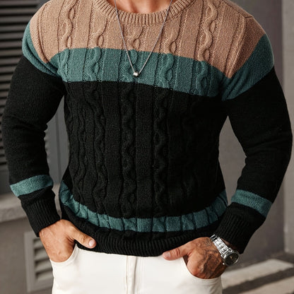 Herren Strickpullover Zopfmuster Colorblock Rundhals