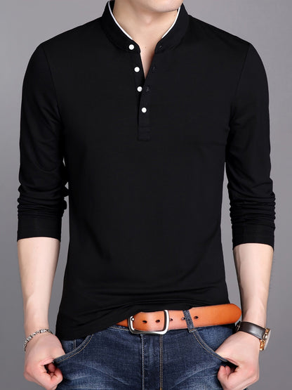 Herren Langarm Poloshirt Stehkragen Henley Stil