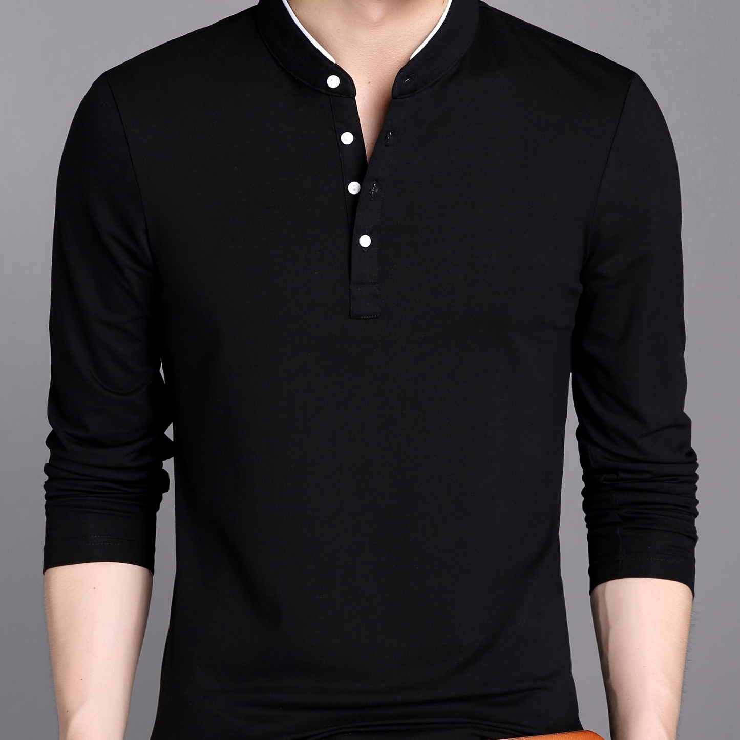 Herren Langarm Poloshirt Stehkragen Henley Stil