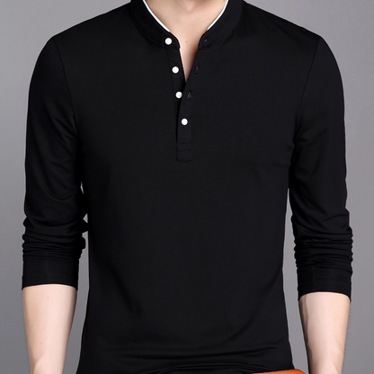 Herren Langarm Poloshirt Stehkragen Henley Stil