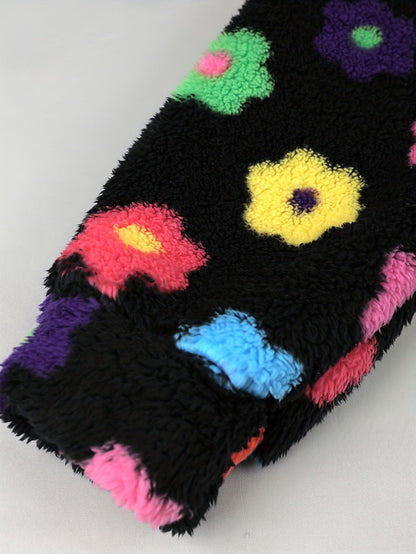 Damen Teddy-Fleece Kapuzenjacke mit bunten Blumen, Reißverschluss, Langarm
