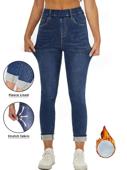 Leggings jeans da donna foderati blu con effetto pile teddy