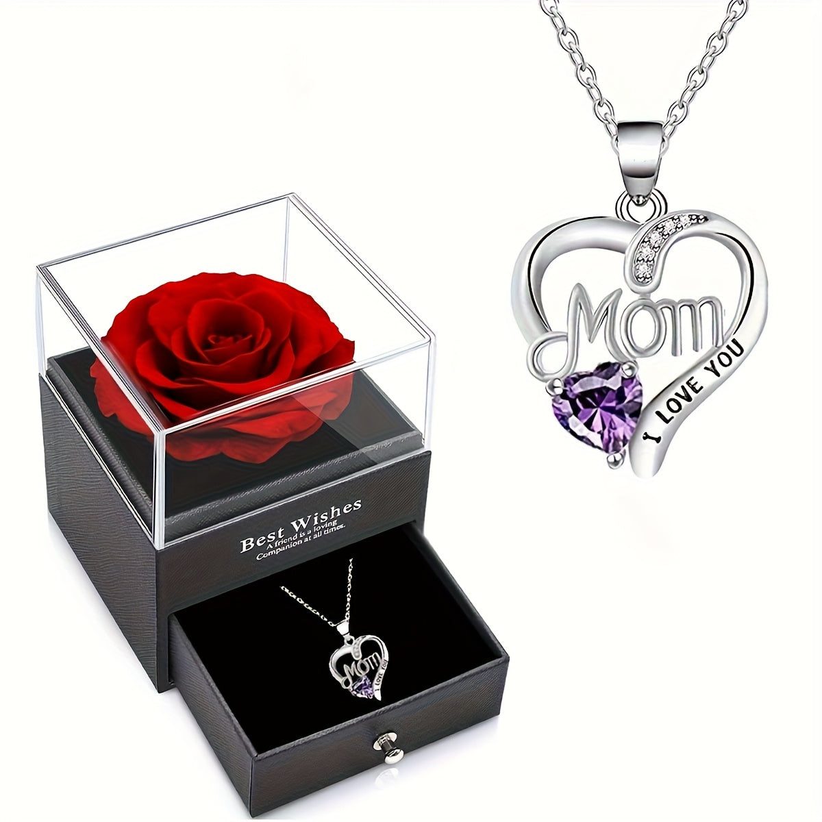 Damen Schmuckset Herz Halskette mit Anhänger 'Mom I Love You' und Geschenkbox mit Ewiger Rose – Elegantes Muttertagsgeschenk