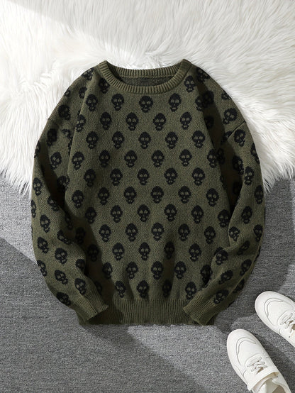 Jersey de punto unisex con cuello redondo, estampado de calavera y manga larga