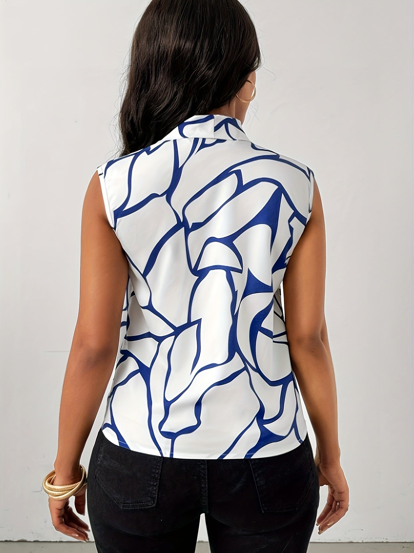 Camicia da donna elegante con motivo astratto, senza maniche, chic da ufficio e serata