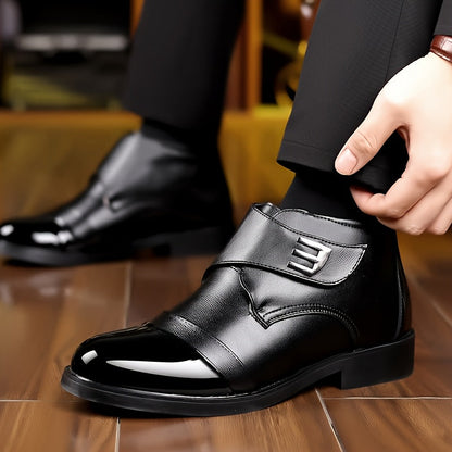Herren Stiefelette Schwarz Glänzende Zehenkappe Klettverschluss