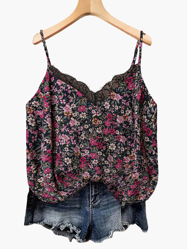 Dame sommer-top med blomsterprint og blonder – afslappet camisole til hverdag og ferie