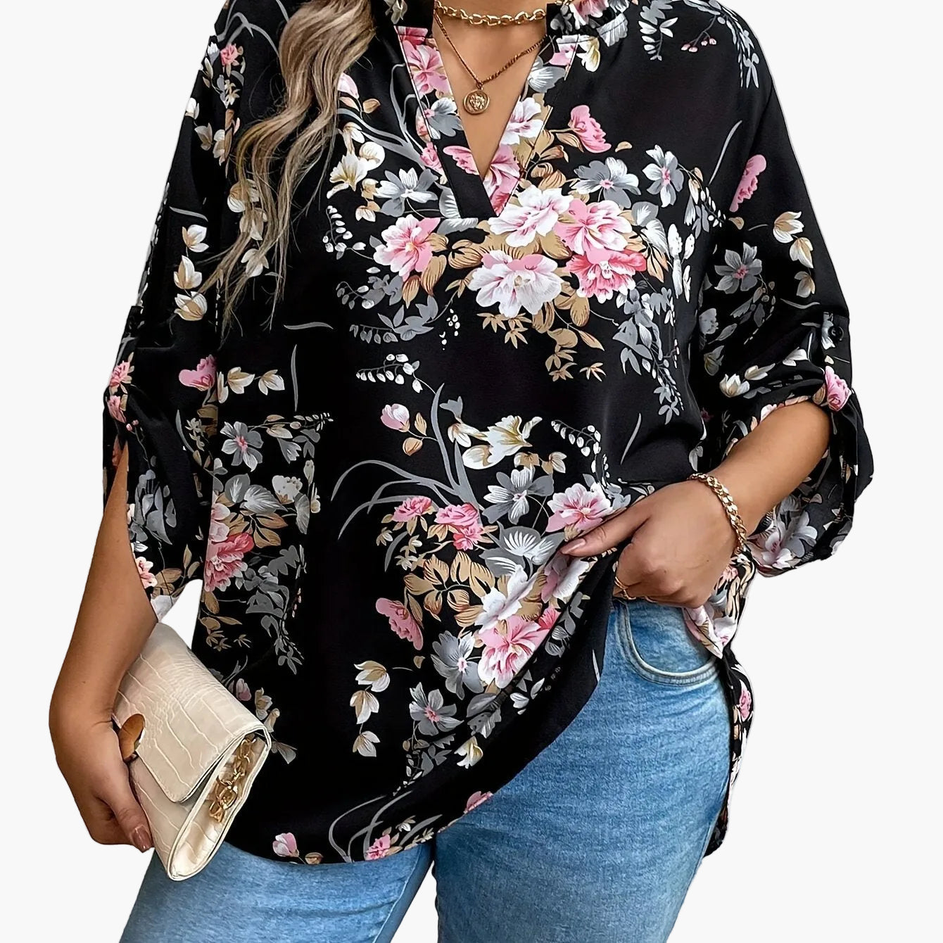 Damen Elegante Bluse mit Blumenmuster und V-Ausschnitt – Perfekt für Alltag und Büro