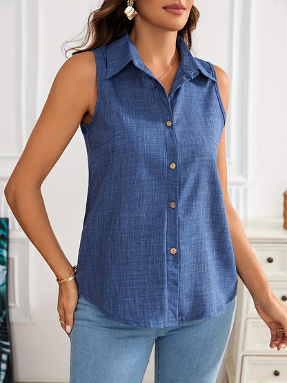 Top blouse femme sans manches élégant avec patte de boutonnage – été loisirs affaires