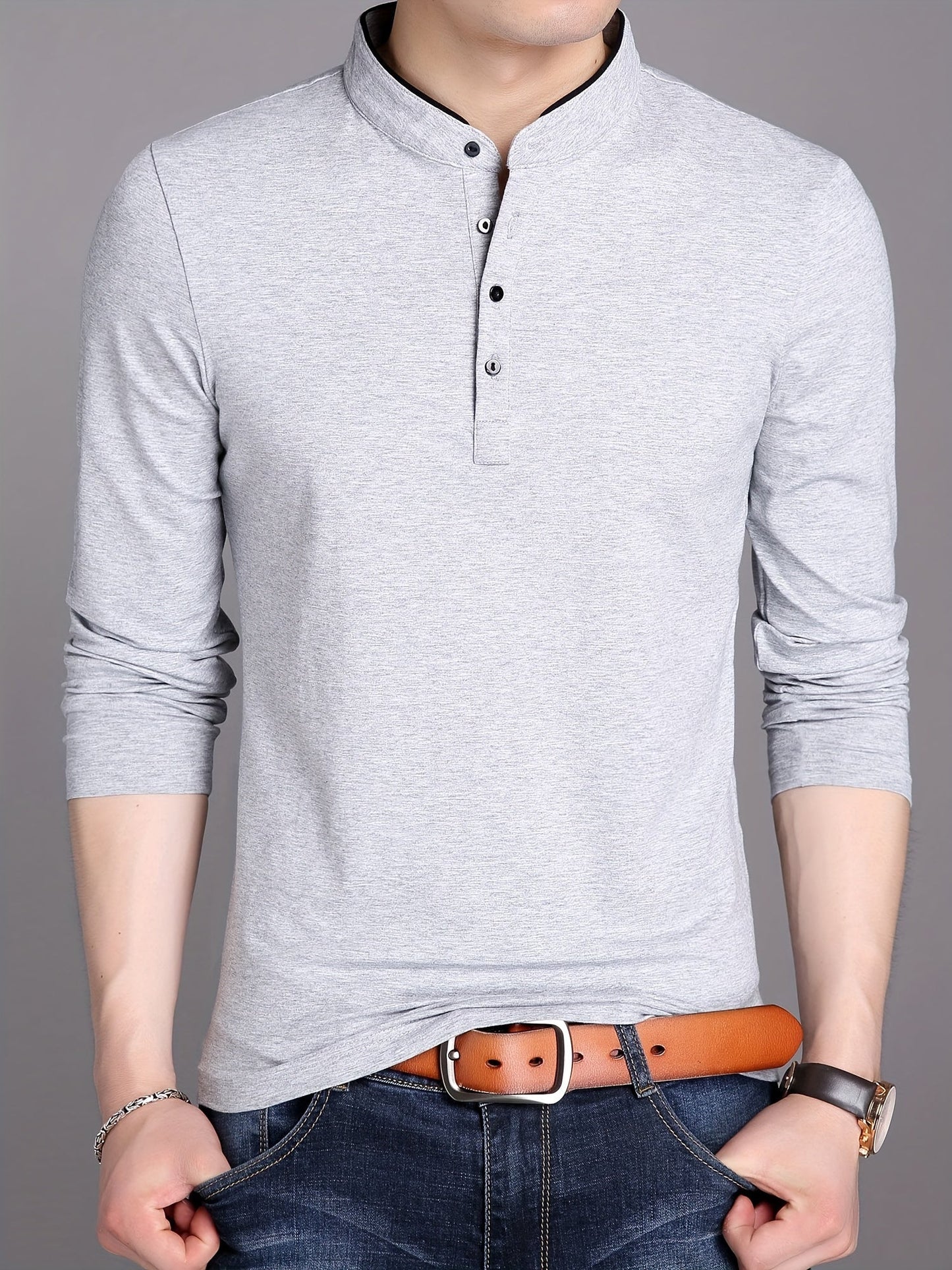 Herren Langarm Poloshirt Stehkragen Henley Stil