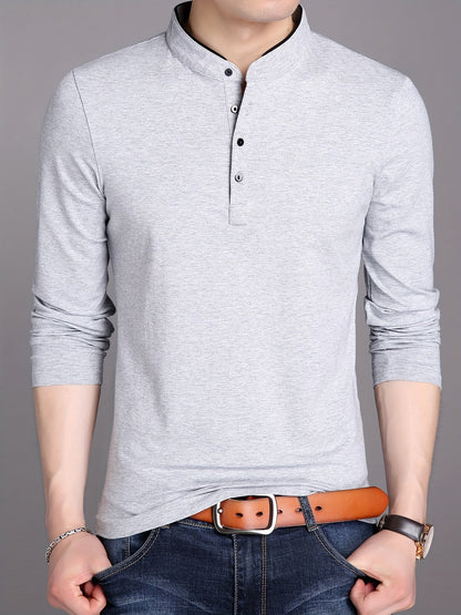 Herren Langarm Poloshirt Stehkragen Henley Stil
