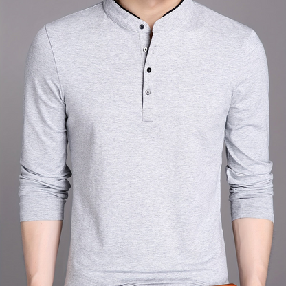 Herren Langarm Poloshirt Stehkragen Henley Stil