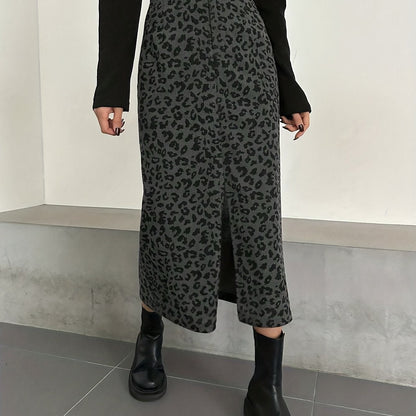 Gonna midi da donna con motivo leopardato e spacco