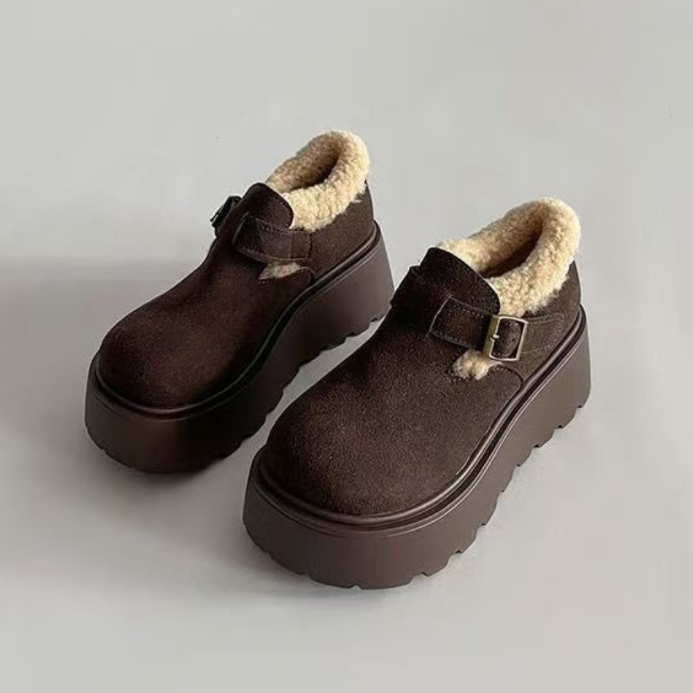 Damen Plateauschuhe Chunky mit Schnalle und Teddyfutter Braun