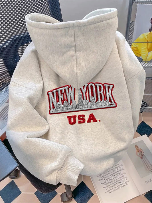 Hoodie met New York USA-borduurwerk, lichtgrijs, capuchontrui