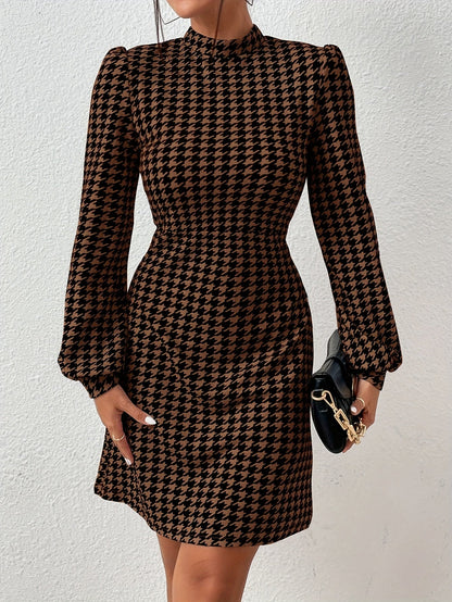 Damen Houndstooth Minikleid Braun Schwarz Stehkragen Langarm