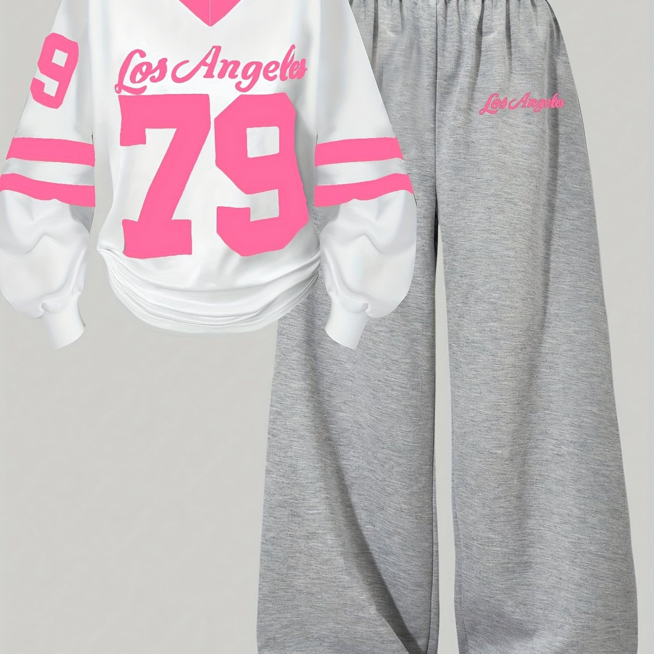 Zweiteiler Loungewear Set mit "Los Angeles" Print, weißes Shirt & graue Hose