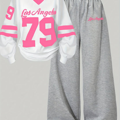 Zweiteiler Loungewear Set mit "Los Angeles" Print, weißes Shirt & graue Hose