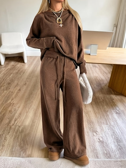 Damen Strick-Loungewear Set Braun mit weitem Bein