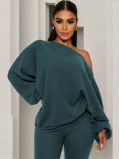 Damen Loungewear Set mit Off-Shoulder Oberteil und Leggings Dunkelgrün