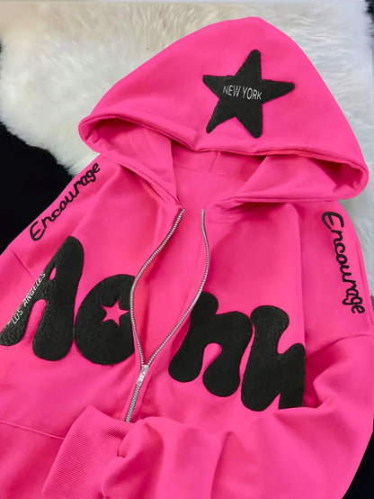 Hoodie mit Reißverschluss, Kapuze und Stern-Applikation, Rosa