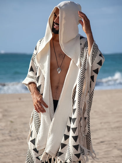 Męski boho plażowy poncho z kapturem i geometrycznym wzorem – idealny na plażę, festiwal i czas wolny