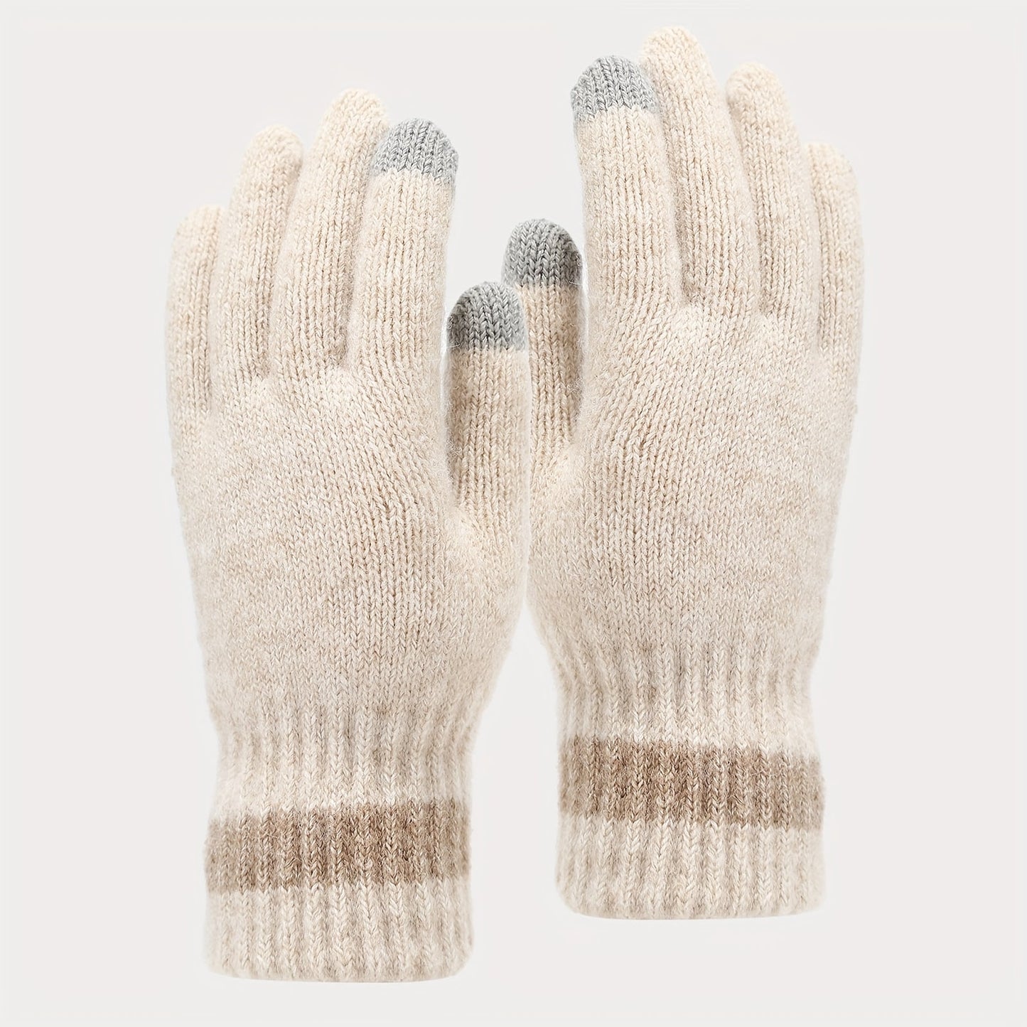 Gestricktes Winterset mit Mütze, Schal und Handschuhen, Pompon & Schleife, Beige