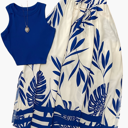 Damen Sommer-Urlaubsoutfit im tropischen Stil – Ärmelloses Top mit gemustertem Maxirock