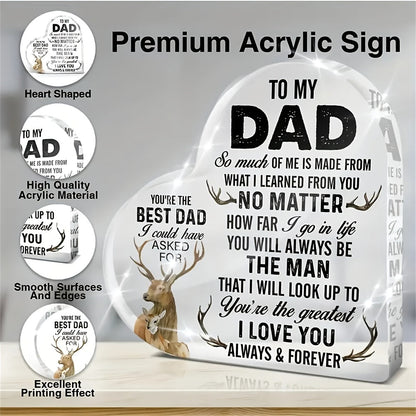 Hartvormig premium acrylbord voor mannen – decoratief cadeau voor papa met inspirerende boodschap en hertmotief, tafeldecoratie Vaderdag & verjaardag