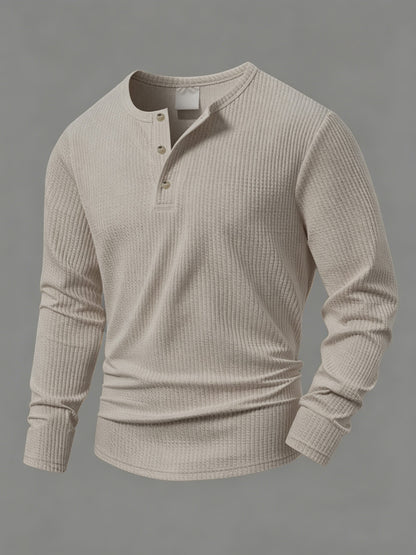 Camiseta de manga larga para hombre, de punto acanalado, con cuello Henley, informal