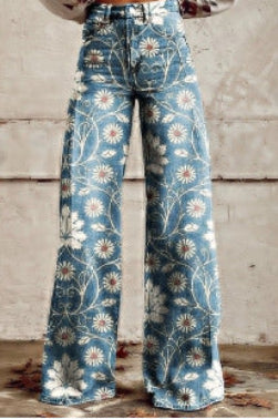 Jean large bohème pour femmes avec design artistique graphique et style vintage, idéal pour le streetwear et les festivals