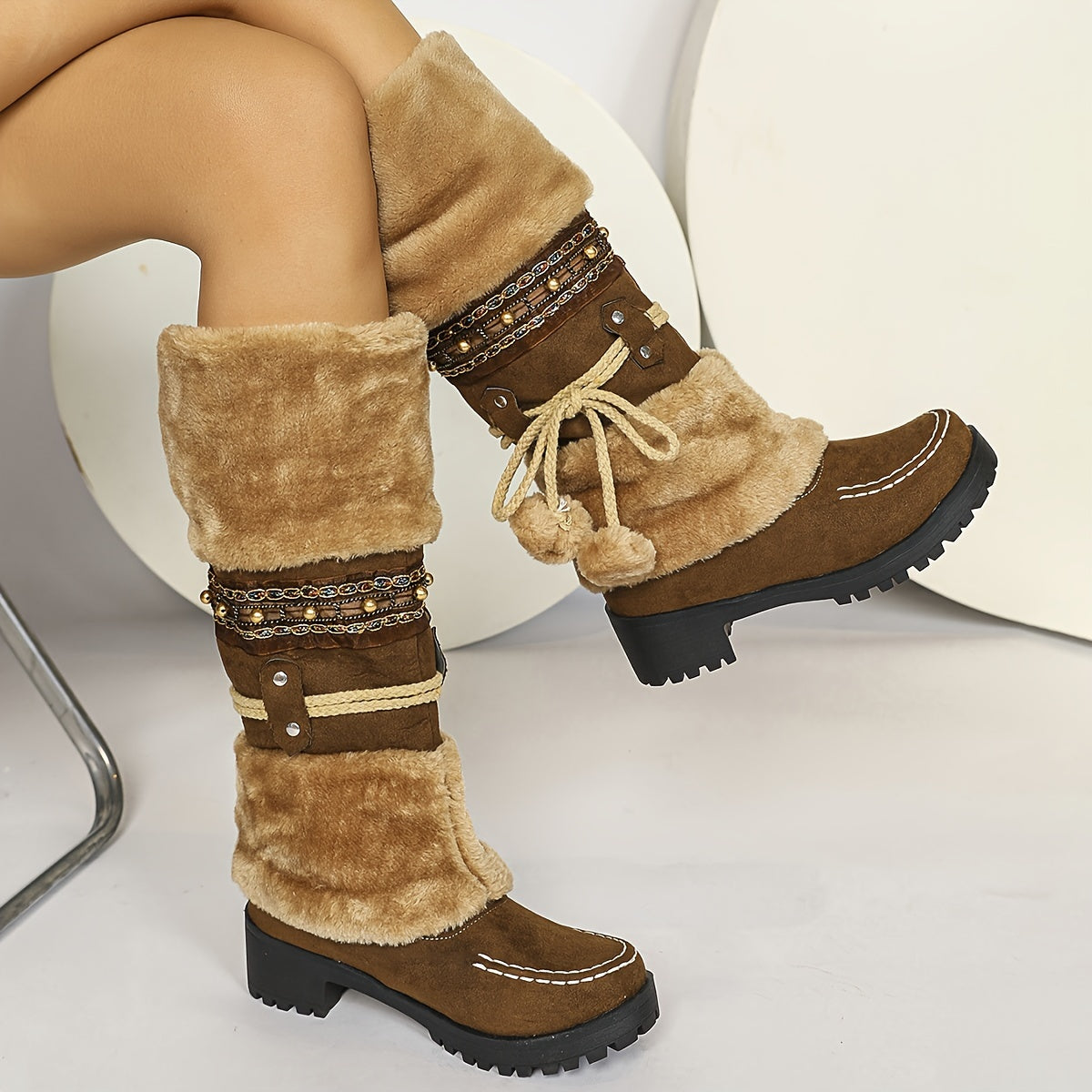 Damen Winterstiefel mit Kunstfell und Zierbändern, warmer gefütterter Schaft