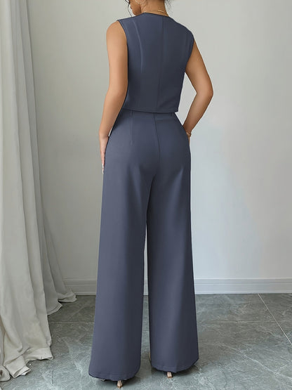 Dames Elegante Business-Tweedelige set met gilet en wijde broek – Moderne kantooroutfit voor lente & zomer
